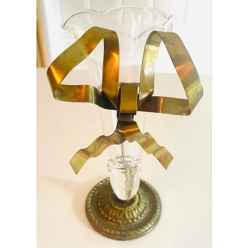 Vintage Petites Choses Brass Ribbon & Glass Bud Vase Trumpet Flute 6.5